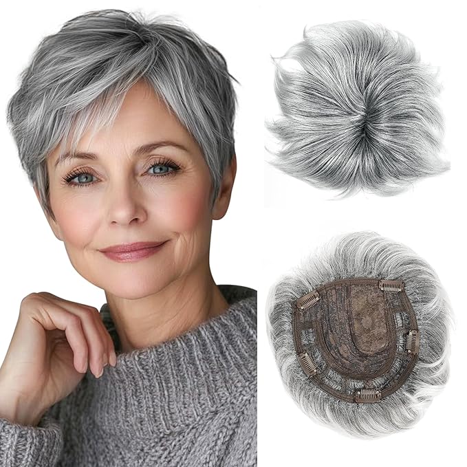 QUEENTAS Short Hair Topper for Women with Thinning Hair Daily Wear 360°3D Cover Up 6.5"*6" Fluffy Hair Pieces with Bangs(Black Mixed Grey)