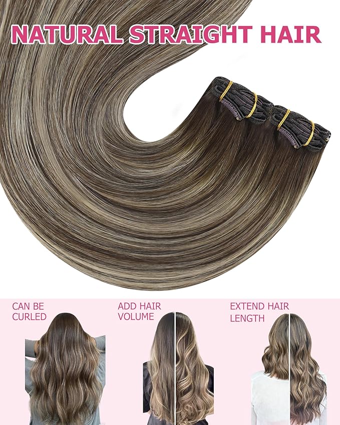 YoungSee Clip in Hair Extensions Real Human Hair Balayage Brown Clip in Real Hair Extensions Chocolate Brown with Ash Blonde Balayage Clip Extension Silky Straight for Women 18In 120G 7Pcs