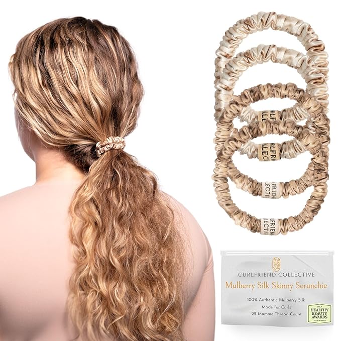 Authentic Mulberry Silk Skinny Hair Match Scrunchies for Women, Anti Breakage Hair Ties for Curly Thick & Thin Hair, 100% Silk for Buns, Sleep & Ponytail, Platinum/Warm Blonde (4 Pack)