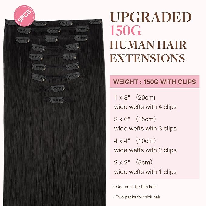 GOO GOO Clip in Hair Extensions Real Human Hair, Remy Human Hair Extensions Clip ins for Women, Natural Human Hair, 16inch 150g 9Pcs, 1B Natural black