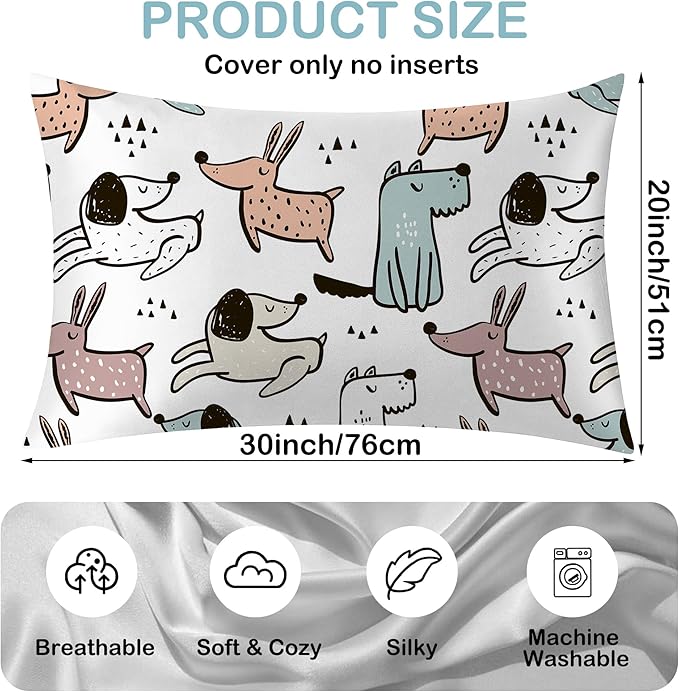 Cute Dogs Dog Satin Pillow Case Queen Size,Soft Pillowcases for Hair and Skin Similar to Silk,Pillowcases with Hidden Zipper Bedding Accessories,20X30 Inches,1 Pack