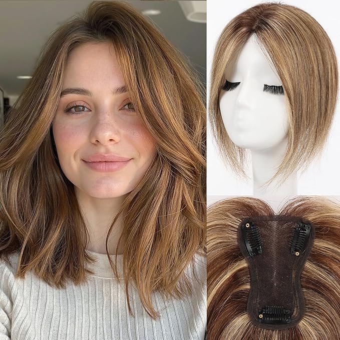 starluck Real Human Hair Toppers for Women 10 Inch Human Hair Topper no Bangs, 3 * 4.5 inches Swiss Base Suitable for ThinningHair Cover Grey Roots(Medium Brown and Honey Blonde Mix)