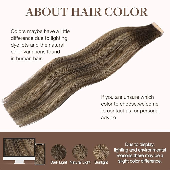 GOO GOO Tape in Hair Extensions Human Hair, 4/27/4 Balayage Chocolate Brown to Caramel Blonde, 16inch 25g 10pcs, Skin Weft Seamless Invisible, Silky Straight with Thick Ends, Remy Human Hair
