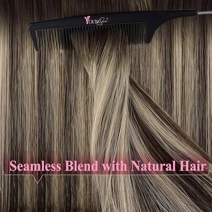 YoungSee Tape in Extensions Human Hair Balayage Tape in Hair Extensions Ombre Dark Brown to Ash Blonde 14 Inch Remy Human Hair Tape-in Extension for Women 20pcs 50g