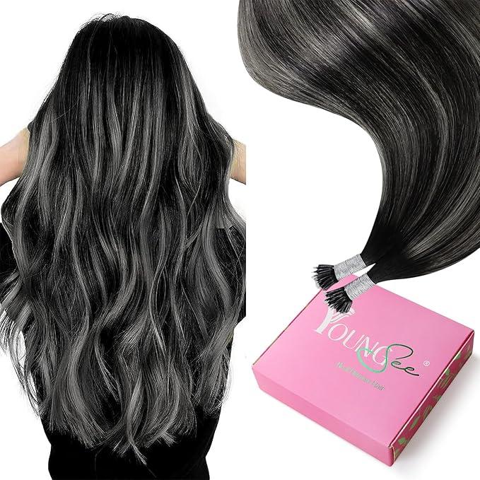 YoungSee Nano Ring Hair Extensions Black Ombre Nano Hair Extensions Human Hair Ombre Black to Silver Nanobead Extension Silver Nano-Loop Remy Hair 1g/s 50g 24in for Everyday Wear