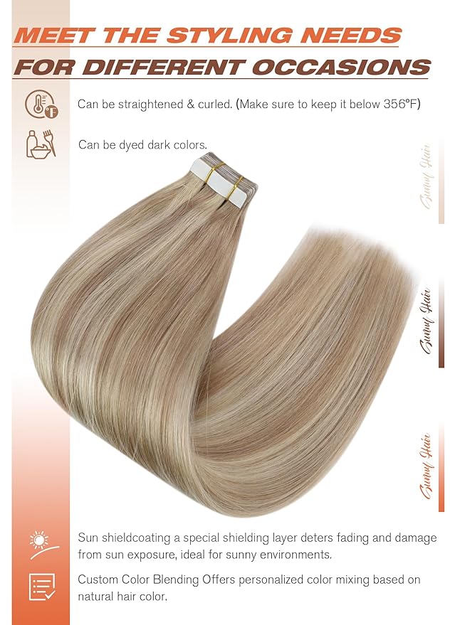 Sunny Hair Blonde Tape in Hair Extensions Human Hair Ash Blonde Highlight Bleach Blonde Hair Extensions Tape in 22 Inch Remy Tape in Txtensions for Women Wedding 20Pcs 50g