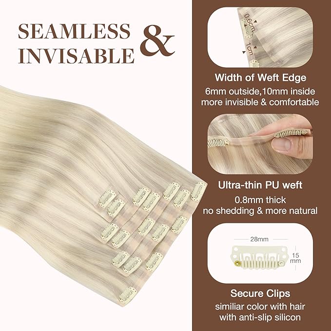 GOO GOO Clip-in Hair Extensions Real Human Hair, Remy Human Hair Extensions Clip ins for Women, Natural Human Hair, 22inch 150g 7Pcs, 17/22/60 Balayage Ash Blonde to Platinum Blonde