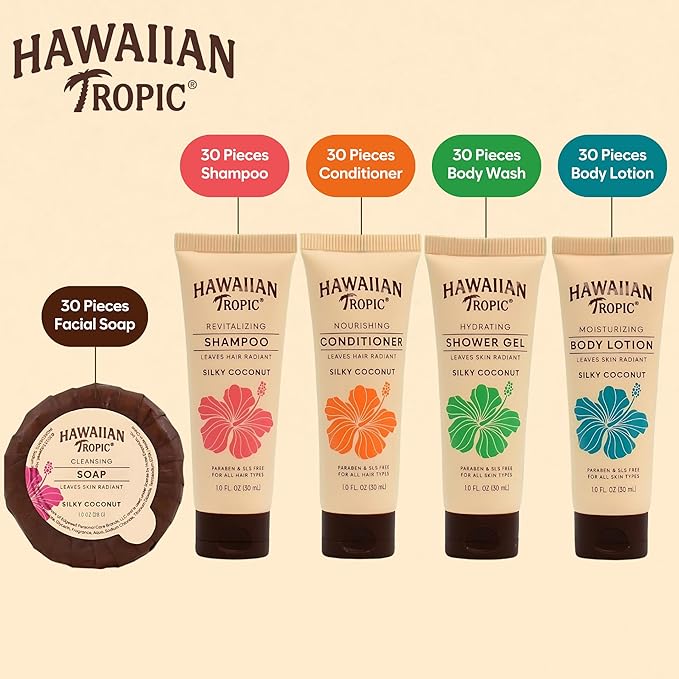 Hawaiian Tropic Silky Coconut Bulk Amenities (150 Pack) - Complete Travel Size Toiletries Kit with Shampoo, Conditioner, Body Wash, Lotion & Soap, Airbnb Essentials for Hosts, Hotels & Guest Bathrooms