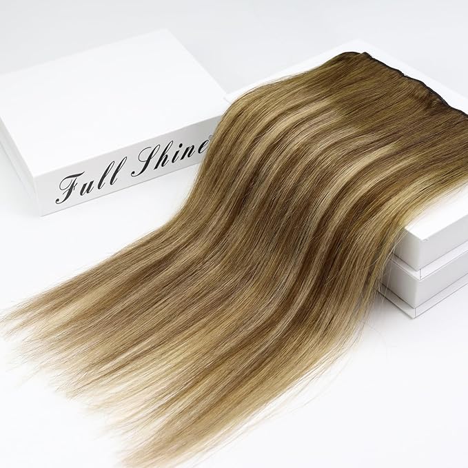 Full Shine Clip in Extensions for Women Human Hair Medium Brown Fading to Blonde and Brown Highlighted Seamless Hair Extensions Clip in Softness 18 Inch 3 PCS 60 G