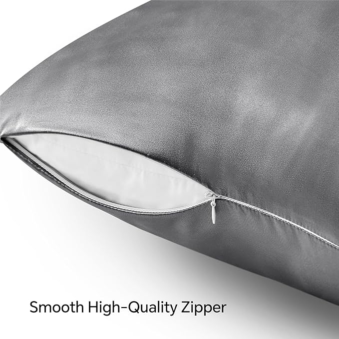 BEDELITE Satin Pillowcase with Zipper, Dark Grey King Size Pillow Cases Set of 2, Super Soft and Cooling Similar to Silk Pillow Cases, Gift for Women Men(20x40 Inches)