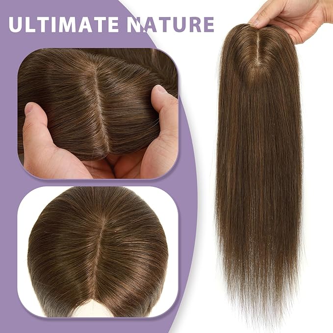 3x5 Inch Injected Silk Base Hair Toppers for Women, 14 Inch Length 130% Density Real Human Hair Pieces #2A Brown