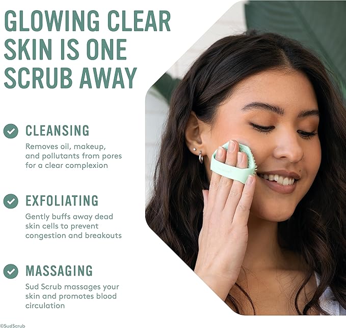 Sud Scrub® Antimicrobial Silicone Face Scrubber, 1 Pack, Gentle Face Exfoliator for Sensitive Skin, Eco Friendly Facial Cleansing Brush, Exfoliating Face Brush for Men and Women (Mint)