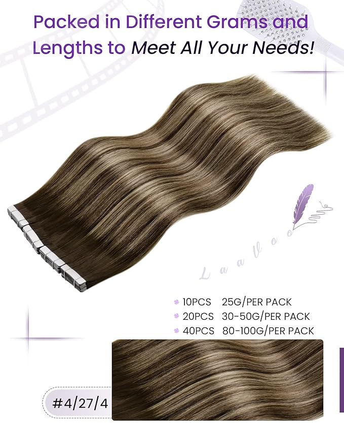 LaaVoo Hair Extensions Tape in Brown Balayage Human Hair Tape in Extensions Ombre Brown to Caramel Blonde with Brown 24inch 20pcs 50g