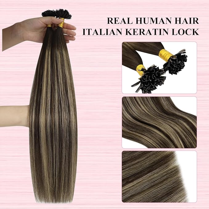 YoungSee U Tip Hair Extensions Human Hair Ombre Dark Brown Mixed Ash Blonde U Tip Real Hair Extensions Ombre Hot Fusion 16In 1G/S 50G