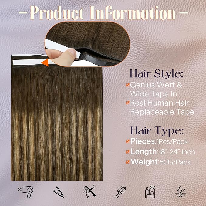Full Shine Balayage Tape in Hair Extensions Color 4/24/4 Brown And Blonde Tape in Weft Hair Extensions Human Hair 18Inch Long Tape Double Weft 50G for Daily Office Look Natural One Piece