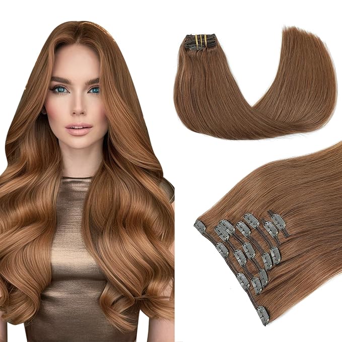 PINKPEARL Clip in Hair Extensions Real Human Hair, Remy Human Hair Extensions Clip ins for Women, Natural Human Hair, 16inch 120g 7Pcs, #33 Auburn(#33-16)