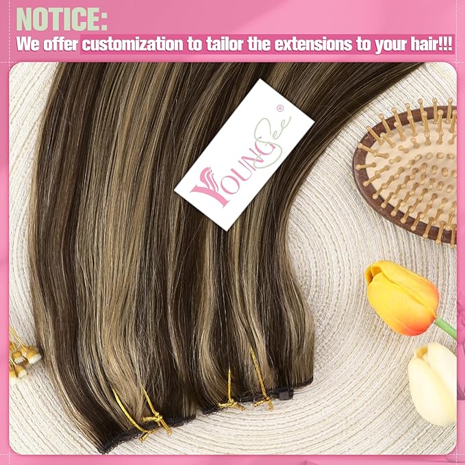 YoungSee Wire Hair Extensions Real Human Hair Brown Highlight Hair Wire Dark Brown Mix Caramel Blonde Human Hair Fish Line Extensions Easy to Wear 18inch 80g