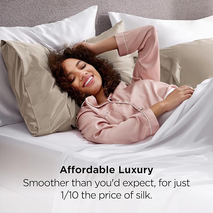 Bedsure Satin Pillowcase 2 Pack Similar to Silk Pillow Cases Standard Size, Pillow Case for Sleeping Women with Envelope Closure, Gifts for Women Men, Khaki, 20x26 Inches, 2pcs