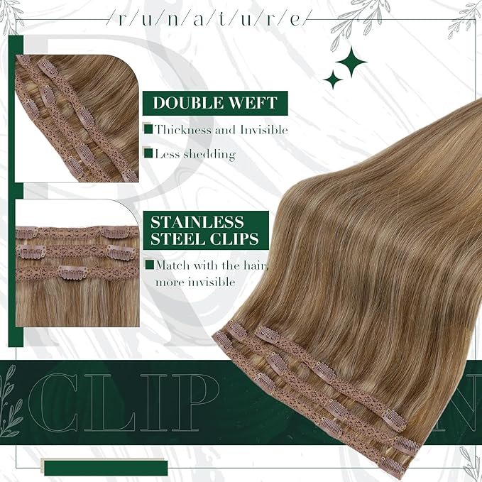 RUNATURE Human Hair Clip in Extensions, Real Hair Extensions Clip Ins, Straight Clip in Hair Extensions, Add Hair Volume, Full Ends, 12 Inch 50g 3pcs #10P16 Caramel Blonde Highlights