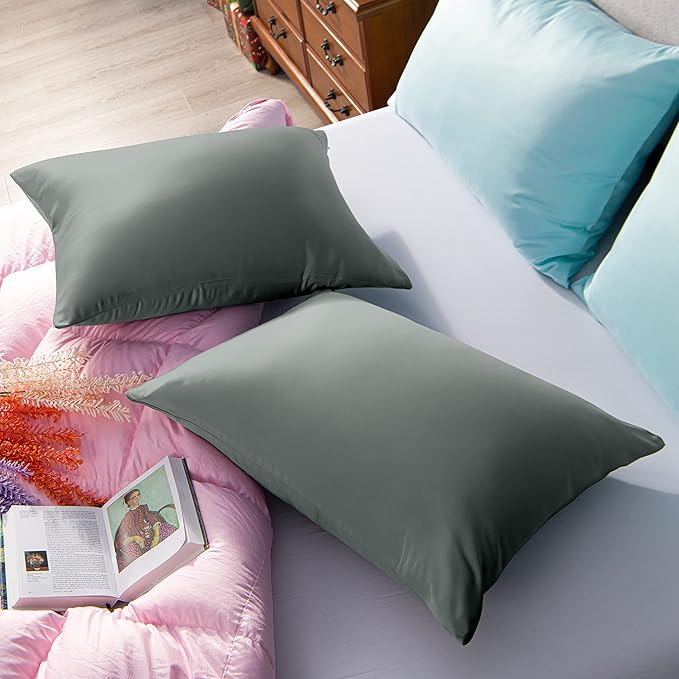 NTBAY Zippered Satin Pillow Cases for Hair and Skin, Luxury Standard Hidden Zipper Pillowcases Set of 2, 20x26 Inches, Dark Grey