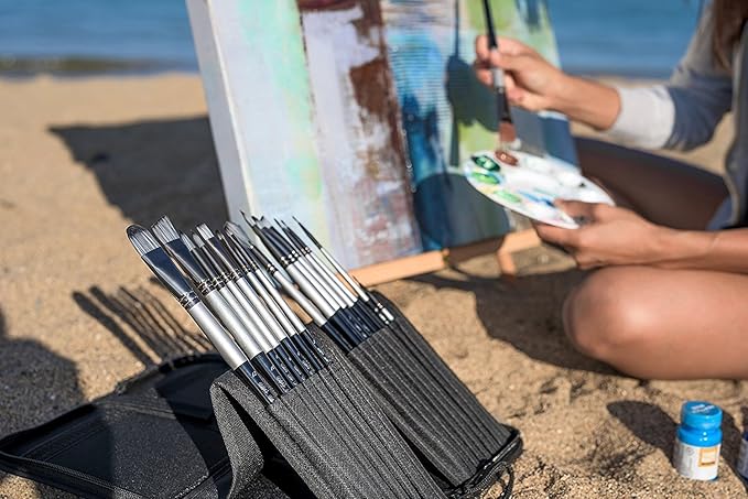 ADIS&Guys 15-Piece Art Paint Brush Set – Professional Brush Kit for Acrylic, Oil, Watercolor, Gouache, Face and Body – Includes Angle, Filbert, Flat, Fan & Round Brushes with Travel Case