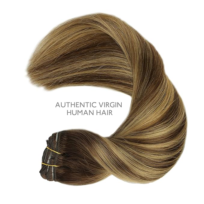 WENNALIFE Balayage Chocolate Brown to Caramel Blonde Human Hair Extensions, 150g 20 Inch 9pcs Thicker Clip-in Real Hair Clip Set Double Weft
