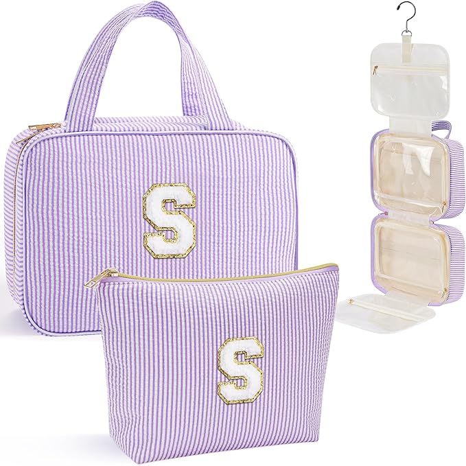 YOOLIFE Hanging Toiletry Bag - Large Capacity Personalized Travel Toiletry Bag for Women, Cruise Ship Essentials - Letter S, Purple
