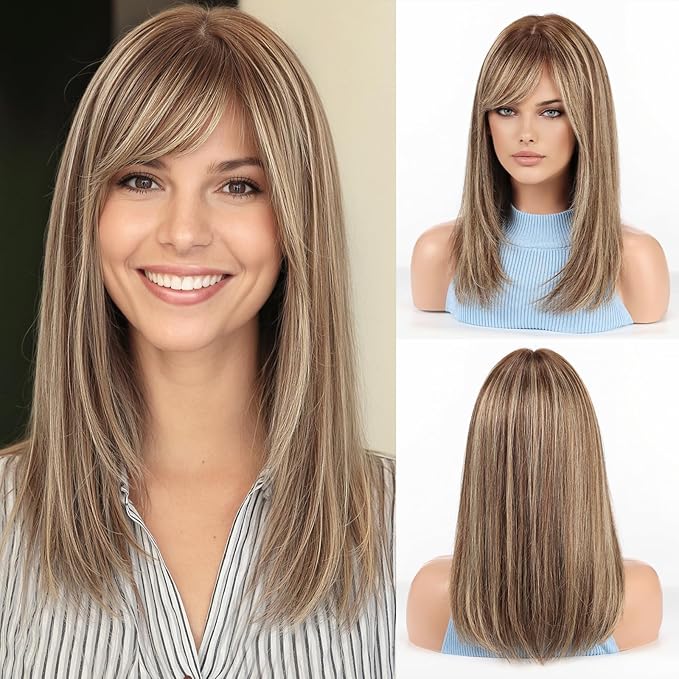 RSY Ombre Brown Mixed Blonde Straight Human Hair Wigs for Women, Shoulder Length and Layered Real Hair Wig with Bangs for Daily Party Use