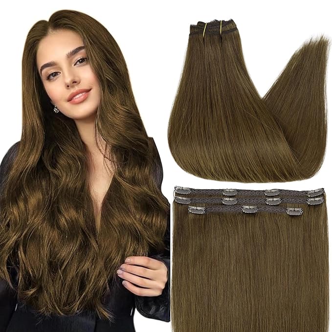 Full Shine Invisible Clip in Hair Extensions Human Hair Medium Brown 18 Inch Brown Remy Human Hair Extension Clip ins Silky Natural Hair 60 Grams 3 PCS