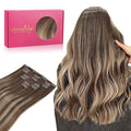 WENNALIFE Clip in Hair Extensions Real Human Hair, 24 Inch 120g 7pcs Balayage Chocolate Brown to Honey Blonde Hair Extensions Clip in Human Hair Remy Clip in Hair Extensions Real Human Hair