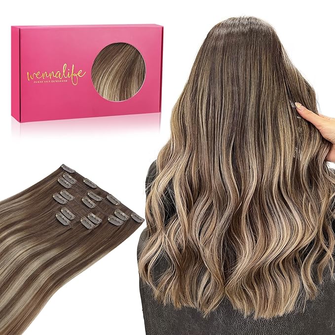 WENNALIFE Clip in Hair Extensions Real Human Hair, 24 Inch 120g 7pcs Balayage Chocolate Brown to Honey Blonde Hair Extensions Clip in Human Hair Remy Clip in Hair Extensions Real Human Hair