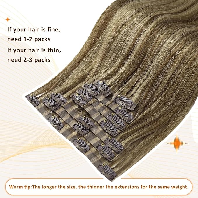 Full Shine Seamless Clip in Hair Extensions 12 Inch Dark Brown with Honey Blonde Highlights Real Human Hair Extensions for Short Hair 8PCS 95G