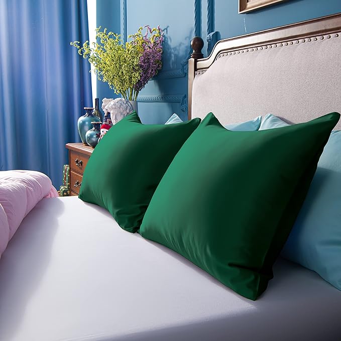 NTBAY Zippered Satin Pillow Cases for Hair and Skin, Luxury King Hidden Zipper Pillowcases Set of 2, 20x36 Inches, Dark Green