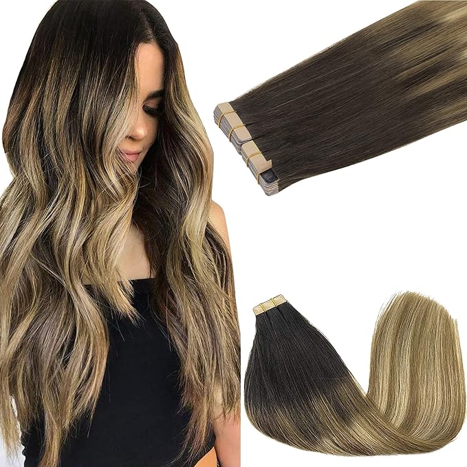 GOO GOO Tape in Hair Extensions Human Hair, 2/6/18 Balayage Brown to Dirty Blonde, 16inch 100g 40pcs, Skin Weft Seamless Invisible, Silky Straight with Thick Ends, Remy Human Hair