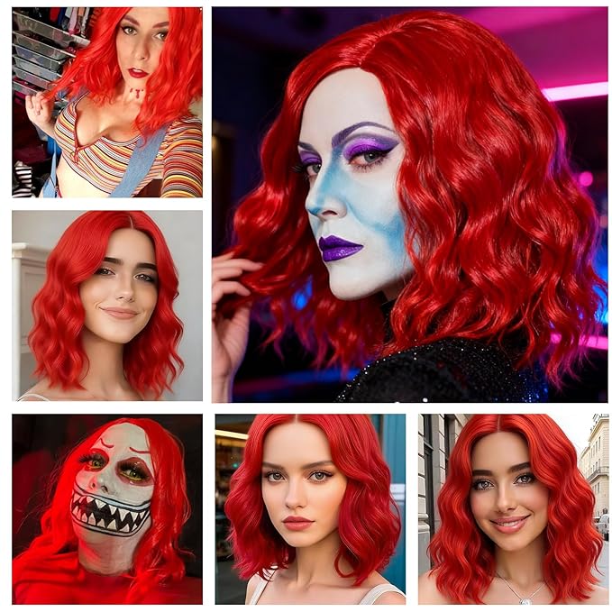 BUFASHION 14" Women Short Red Kinky Straight Cosplay Synthetic Wigs With Air Bangs 46 Colors Available (Red)