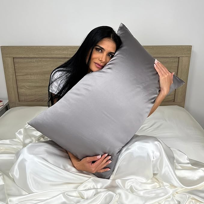 Mulberry Park 30 Momme Silk Pillowcase - 100% Grade 6A Mulberry Silk for Healthier Hair and Skin - Prevent Frizzy, Damaged Hair and Enjoy a Clearer Complexion - Gunmetal/King (20" x 36")