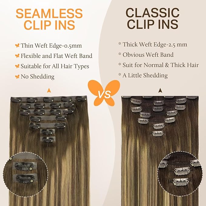 DOORES Seamless Clip in Real Human Hair Extensions, Chocolate Brown to Caramel Blonde 20 Inch 7pcs 110g, Invisi Edge Clip in Hair Extensions Remy Straight