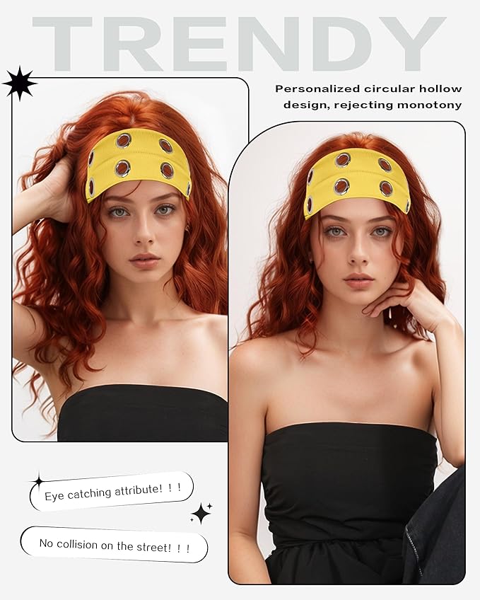 Grommet Headband for Women, Yellow 23cm Hollow Out Elastic Hair Band, Eyelets Punk Grunge Stylish Hairband