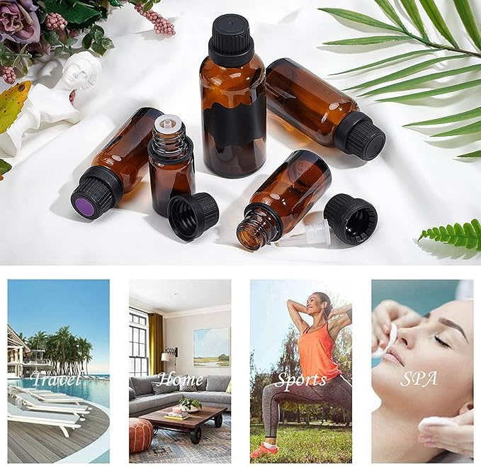 BENECREAT 24 Pack 15ml Brown Glass Essential Oil Bottles Refillable Container Kits with Plastic Droppers, Funnel Hoppers and Sticker for Aromatherapy Fragrance Cosmetic Oil