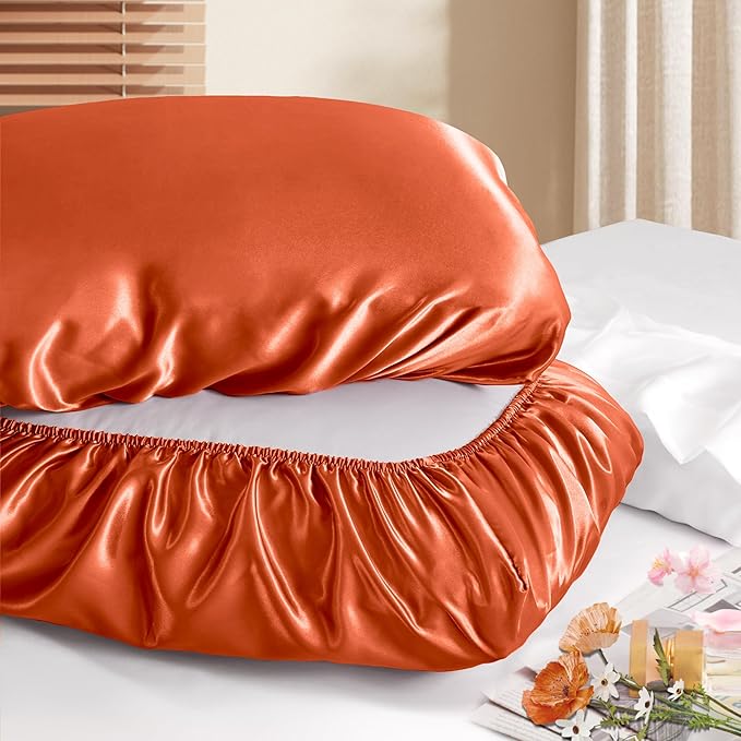 Manyshofu Satin Pillowcases for Hair Protection - 2Pcs Burnt Orange Pillow Cases, Elastic Band Standard & Queen Satin Pillowcases Luxury Silky Pillow Cases Travel Pillow Covers