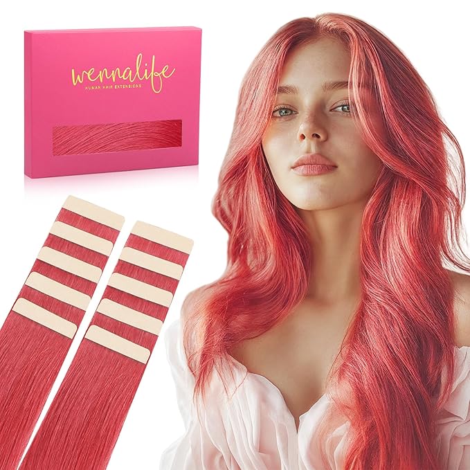 WENNALIFE Tape in Hair Extensions Human Hair Coral Red Tape in Extensions, 10pcs 25g 16 inch Remy Invisible Tape Ins Straight Colored Soft Real Human Hair Tape in Extensions Refill Set Extensions