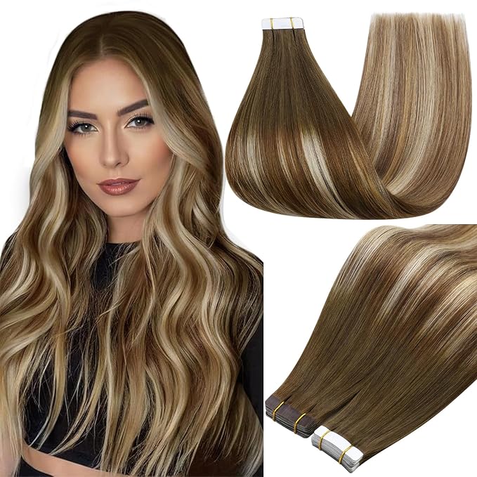 Full Shine Invisible Tape in Hair Extensions Human Hair Color 4/27/60/8 Brown And Blonde Seamless Tape Hair Extensions Real Remy Human Hair 18Inch Natural Human Hair Extension Wedding 50G 20Pcs