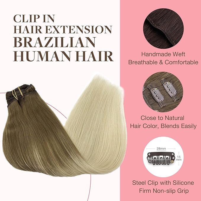 GOO GOO Clip in Hair Extensions Real Human Hair, Remy Human Hair Extensions Clip ins for Women, Natural Human Hair, 20inch 120g 7Pcs, 9/60 Balayage Ash Brown to Platinum Blonde