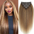 Kinky Straight Clip in Hair Extensions Real Human Highlight Clip ins For Women Unprocessed Clip on Hair Extensions(24inch,#4/27/4)