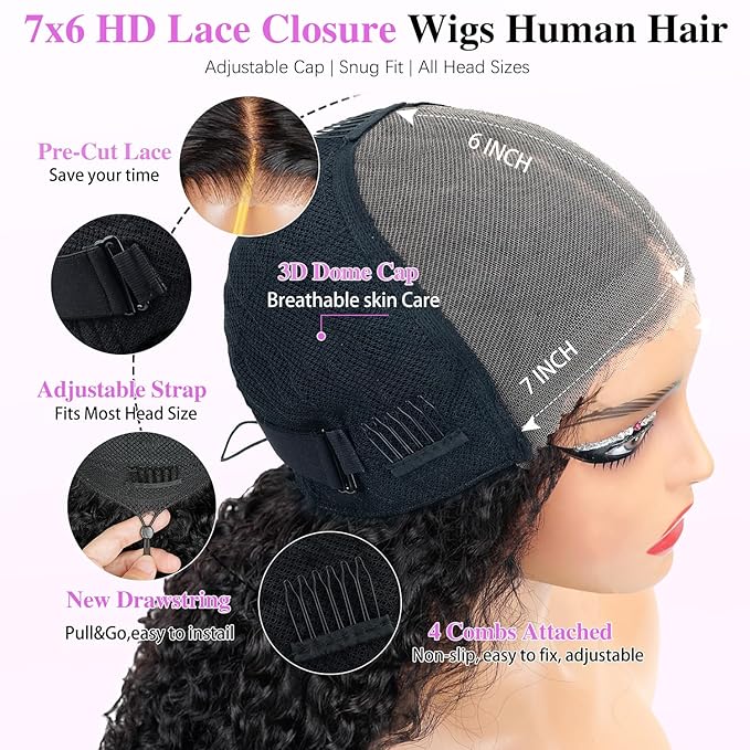 7x6 Burmese Curly Glueless Wigs Human Hair Pre Plucked Pre Cut 250% Density Drawstring Wig for Black Women 7x6 HD Lace Front Wigs Human Hair Glueless Wear and Go Nautural Color 28 Inch