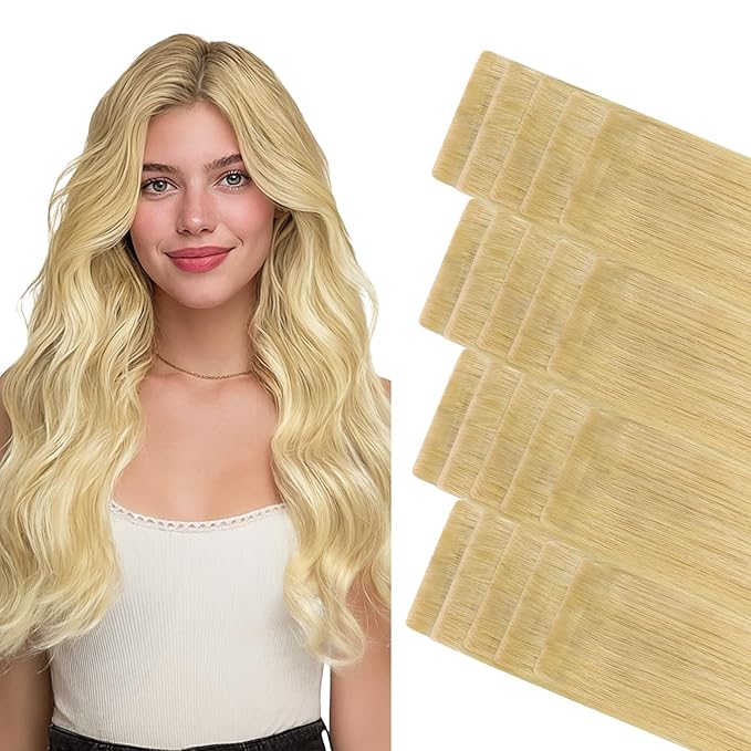 GOO GOO Invisi Edge Tape in Hair Extensions Human Hair, 18AT60A Pearl Ash Blonde Highlights 20pcs 22inch 50g, Virgin Remy Hair, Seamless Injected Tape, Natural Look