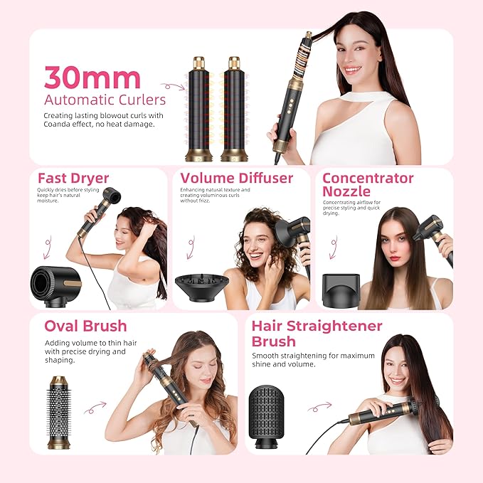 Blow Dryer Brush, 7 in 1 Hair Dryer Hot Air Brush 110,000 RPM with Negative Ion Hair Styler for Fast Drying Straightening Curling Voluming