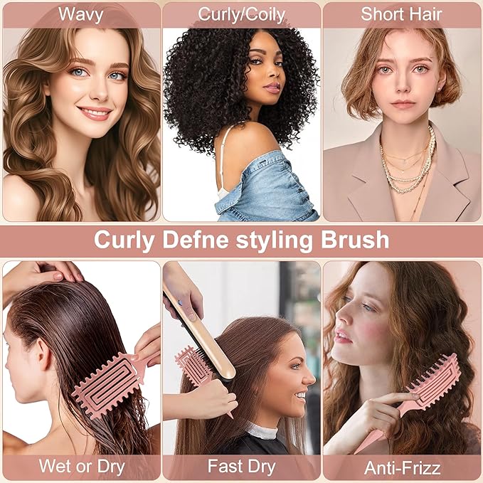 Curly Hair Brush Defining, Vented Curl Defining Brush for Effortlessly Detangling Shaping and Styling Women's Men's Curls on All Wet or Dry Hair Types, Reduces Frizz (Beige)