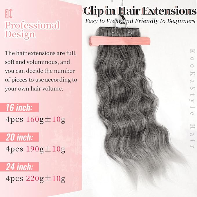 KooKaStyle Clip in Synthetic Hair Extensions Long Wavy 4PCS Thick Hairpieces Grey Sliver Mixed Fiber Double Weft Natural Hair Extensions 24 Inch for Women
