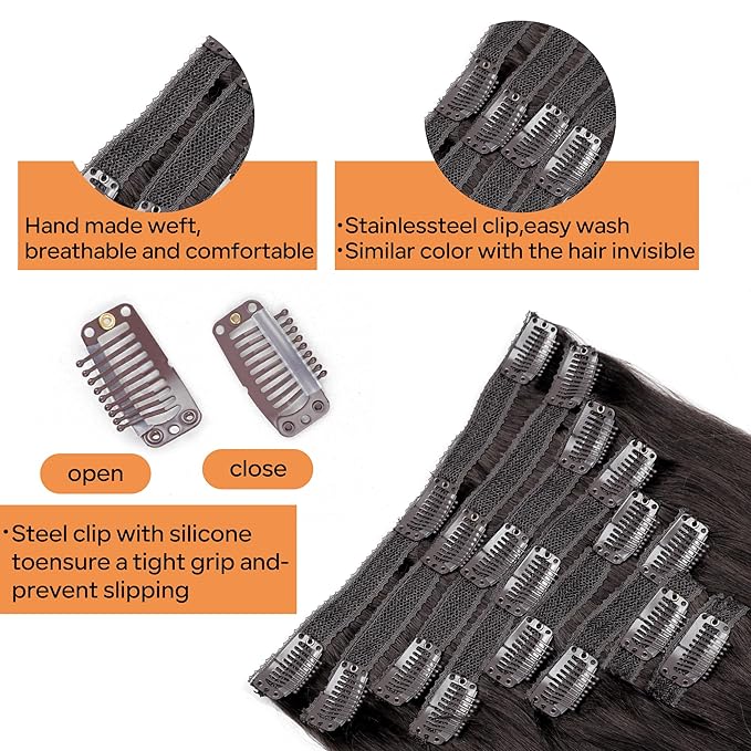 Straight Clip In Hair Extensions Real Human Hair 8Pcs Clip In Dark Brown Human Hair Extensions with 18Clips Lace Weft 120g 20inch